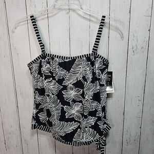 NWT Island Escape Women's Palm Beach Blouson Swim Top Black/White Size 6.